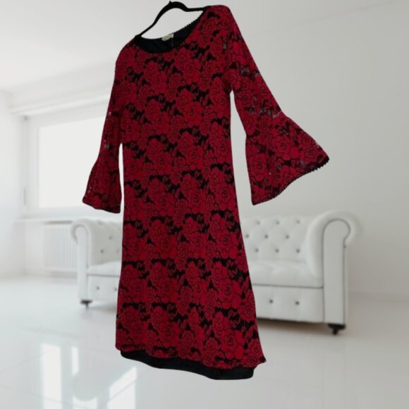 NWT Red Floral Lace Bell Sleeve Dress | Lined | Romantic Stretchy Fit | Size L - Picture 5 of 11